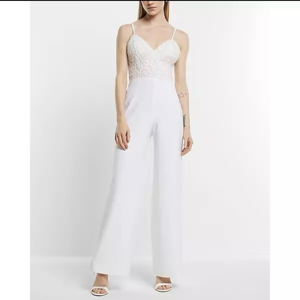Express White Sleeveless Jumpsuit with V-Neckline